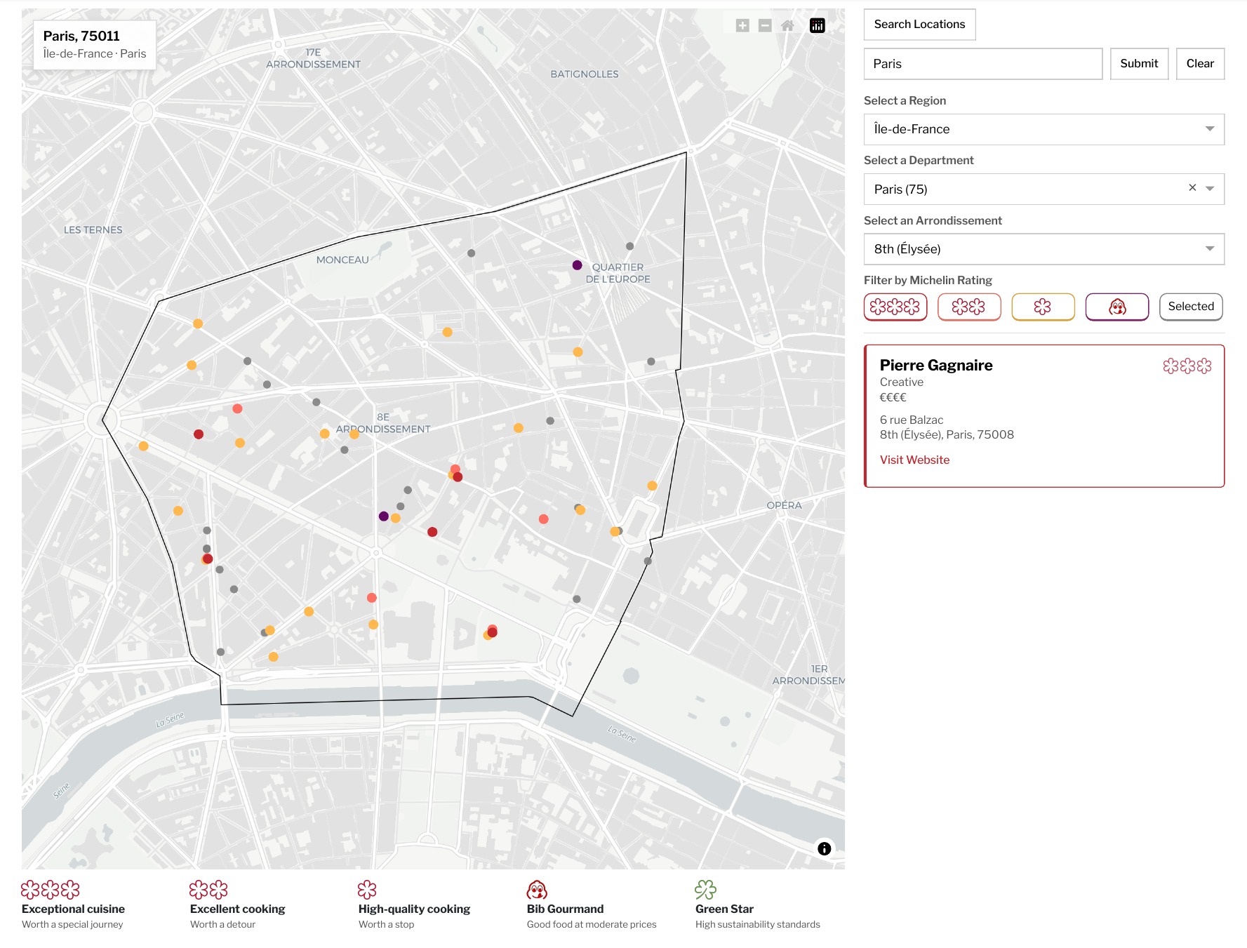 Guide view centred on Paris with region, department, arrondissement, restaurant markers, and Pierre Gagnaire selected.