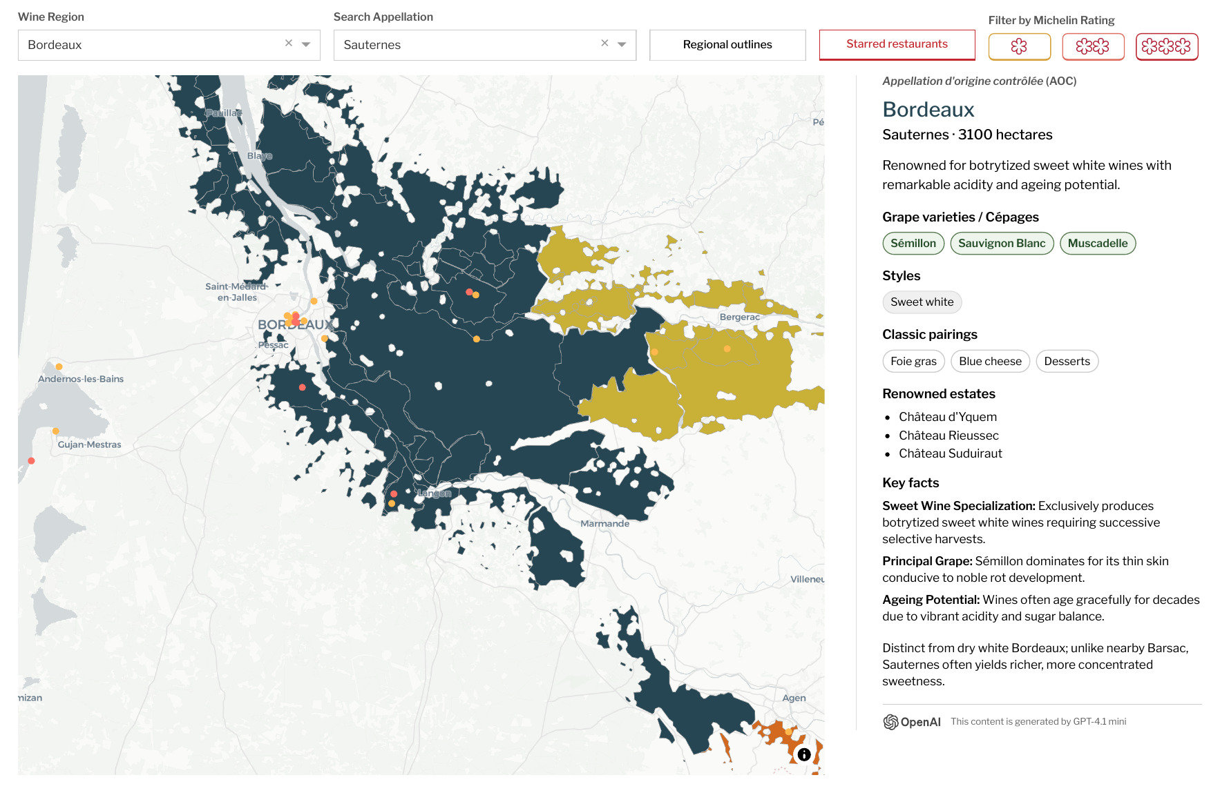 Wine and Gastronomy view with Bordeaux and Sauternes selected, AOC boundaries, restaurant markers, and an appellation panel.